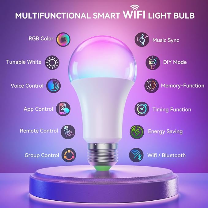 Auxmir A19 Smart Light Bulbs with Remote, RGB+CCT Color LED Bulbs, 2-Pack | E26, 9W 800LM 60W equivalent, works with Alexa and Google Assistant, Bluetooth, 2700K-6500K, music sync, no hub required
