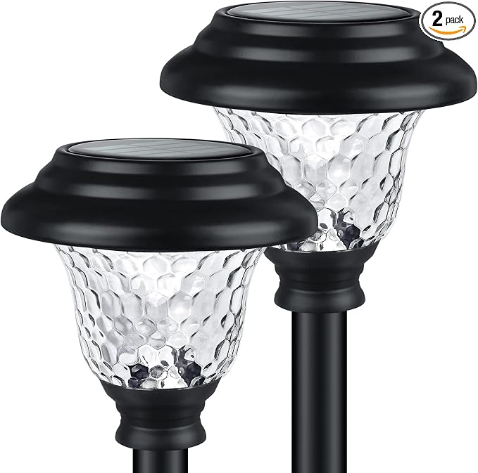 Glass Solar Lights Outdoor waterproof, 2 Pack Super Bright Solar Pathway Lights, Up to 12 Hrs Long Last Auto On/Off Garden Lights Solar Powered, Stainless Steel LED Light For Yard Landscape Warm White