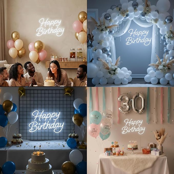Happy Birthday Neon Sign for Backdrop Dimmable Happy Birthday Light Up Sign | LED Cool White Neon Happy Birthday Sign for Birthday Party Backdrop, Any Ages Bday Party Celebration, USB Powered, Hanging