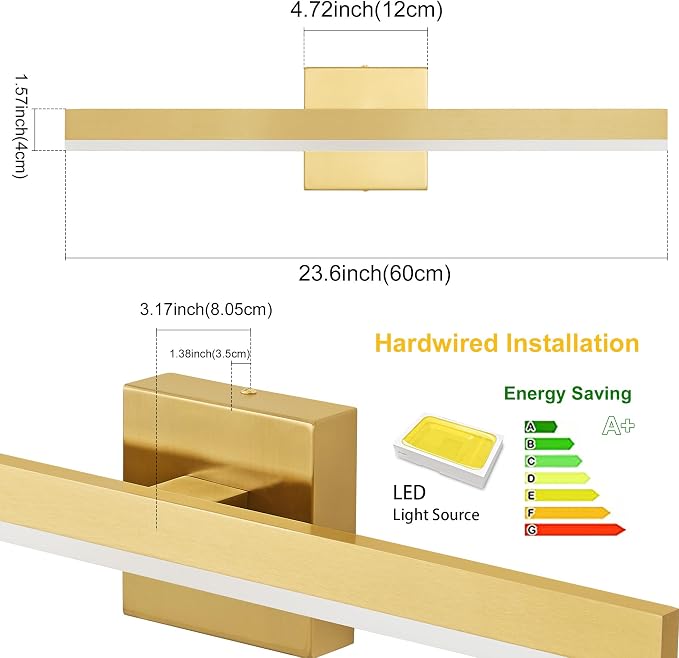 Gold Bathroom Vanity Light Fixture 23.6'' 20W Dimmable 5CCT LED Hardwired | Bathroom Light Fixture Over Mirror, Bathroom Wall Sconce, Rust-resistant, ETL Certificated, 2700K/3000K/3500K/4000K/5000K