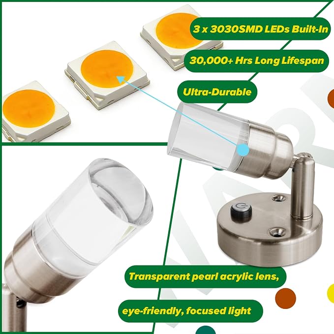 RV Reading Lights 12 Volt RV Wall Lights with Switch for Camper Van Trailer Food Truck Interior 12v Reading Light 2W 100LM Wall Lamps Blue and 3000K White Lighting Fixtures Nickel Finished, 2-Pack