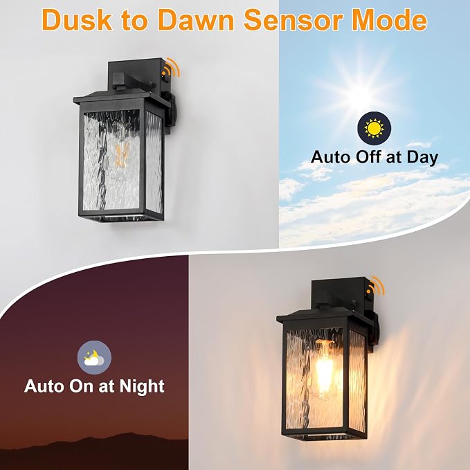 Porch Lights with GFCI Outlet, Dusk to Dawn Outdoor Wall Lighting with Water Rippled Glass Shade, Waterproof Exterior Light Fixture Black Outside Lights for House Front Door Garage Patio (E26 Base)