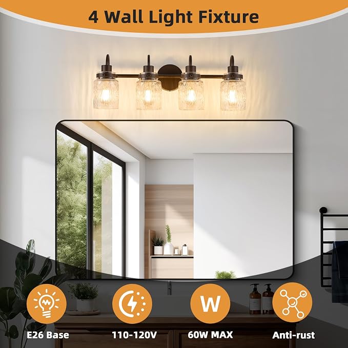4 Lights Hammered Glass Bathroom Vanity Light, Oil Rubbed Bronze | Easy Installation,Up or Down,Farmhouse Modern Style,E26 Socket,ETL Certification