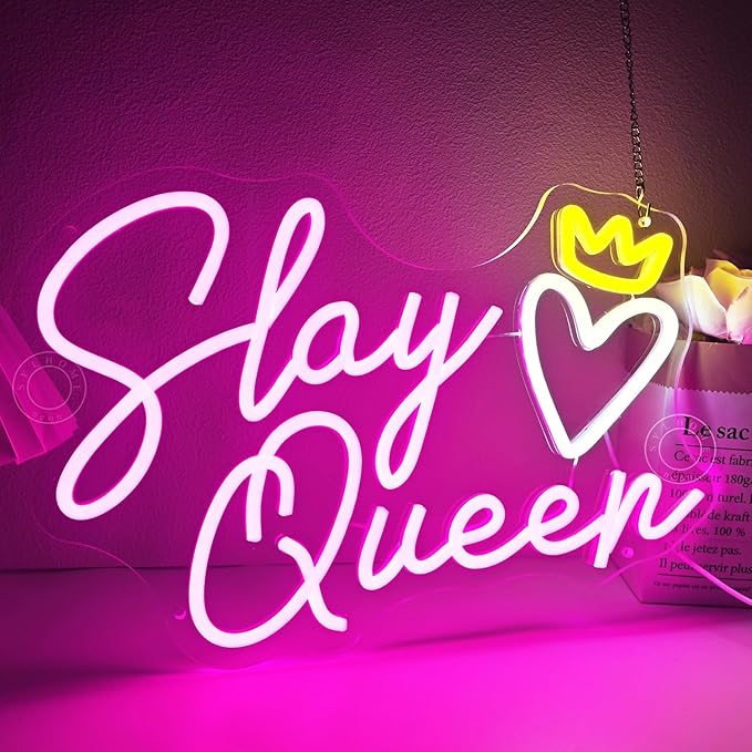 SYLHOME Slay Queen Led Neon Light Sign Heart Crown Bedroom Girls Game Room Cool Wall Sign Decor Teen Kids Birthday Party Decor 15.75" X 10.24" USB Dimmer