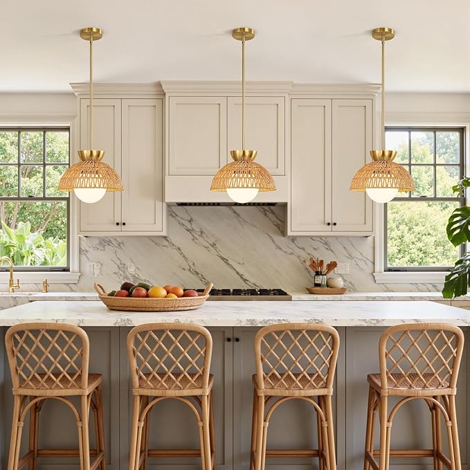 2 Pack Rattan Pendant Light, 11.8" Hand Woven Boho Pendant Light Fixture with Milk Glass Globe, Gold Kitchen Island light Fixtures Adjustable Chandelier for Dining Room Hallway Foyer Restaurant
