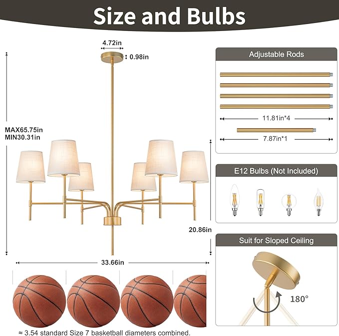 Antique Brass Gold Chandeliers for Dining Room, 6-Light Modern Chandelier Light Fixture over Table, with White Fabric Shade, 34" Large Transitional Kitchen Pendant Lights for Living Room Bedroom Foyer