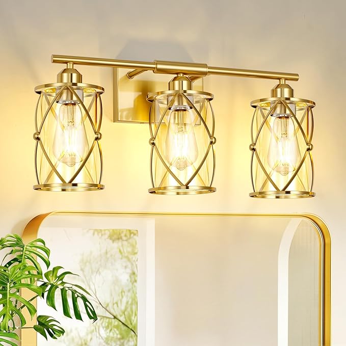 3-Light Brushed Gold Bathroom Light Fixtures, 21 Inch Modern Bathroom Vanity Lighting Fixtures Over Mirror with Clear Glass and Metal Cage Wall Sconce Lights for Bath, E26, CH9176BG-3W