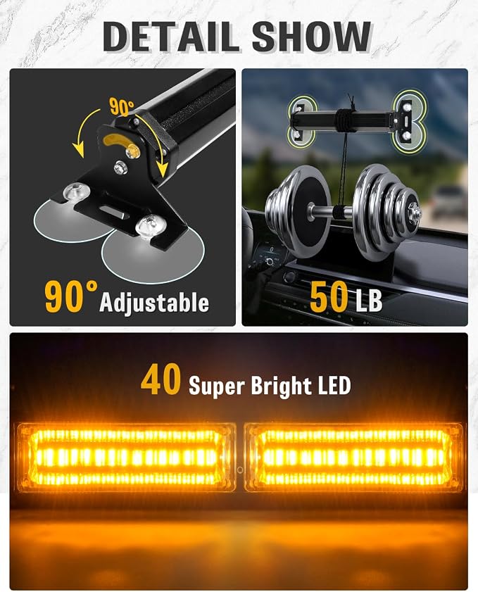 HLauto 1002L Emergency Strobe Traffic Advisor Light Bar: 40LED Dash Safety Warning Flashing Front/Rear Windshield Visor Light for Construction Vehicle, Trucks (2x10.7inch, Amber)