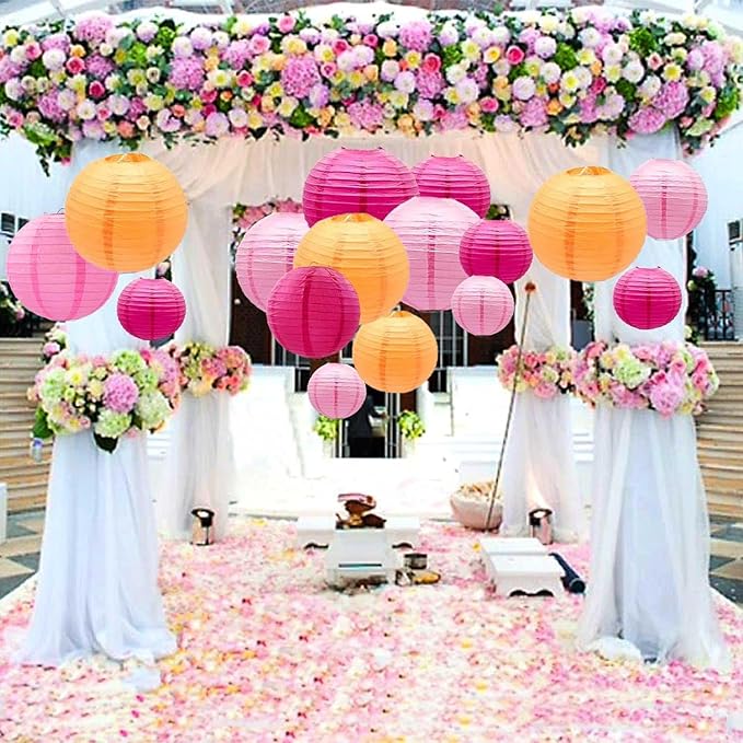 Pink Orange and Hot Pink Paper Lanterns 12Pcs Hanging Round Paper Lanterns Decorative for Graduation Baby Shower Wedding Birthday Family Parties ﻿