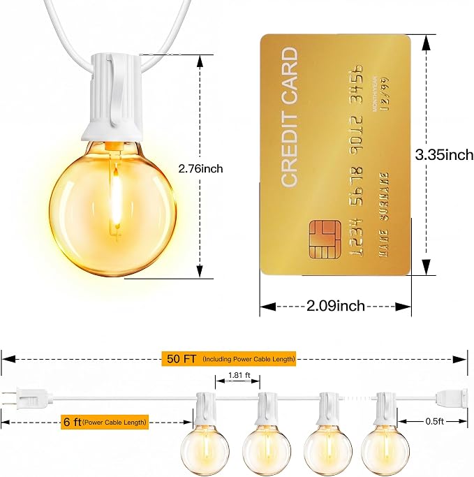 Ollny 50FT Outdoor String Lights, Waterproof Connectable Shatterproof Outside Light with 25 Edison + 2 Spare LED Bulbs Plug in, Patio Lights for Indoor Balcony Porch Camping Deck White