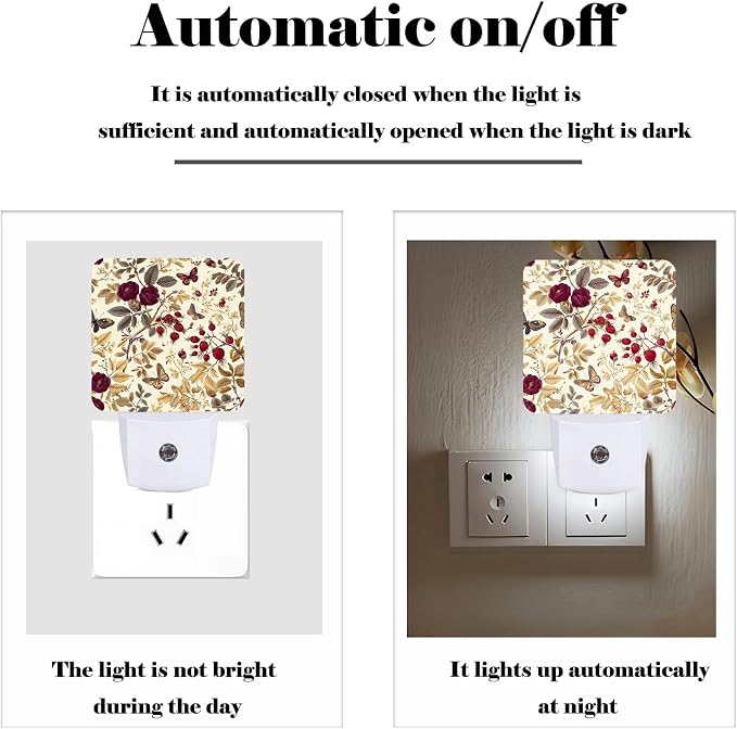 Vintage Flower Night Light,Retro ButterflyPlug Into Wall for Boys Girls Bedroom Decorative Square Night Light Lamp 0.5w Sleep Friendly