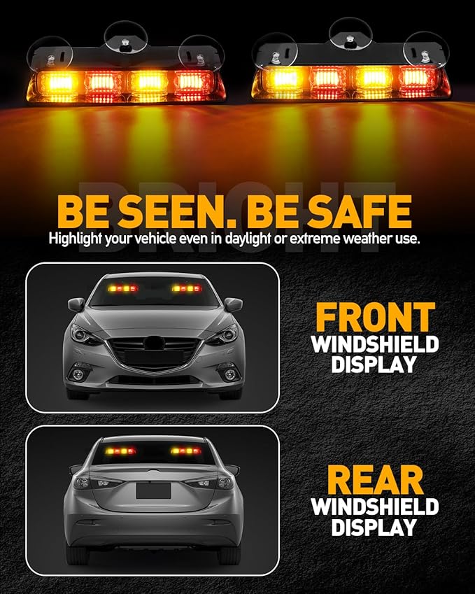 HLauto 2002L Emergency Dash Strobe Lights: Amber Red Safety Lights, Flashing Warning Hazard Windshield Visor Traffic Light Bars for Trucks, Construction Vehicles (2x8.5 inch, 48LED)