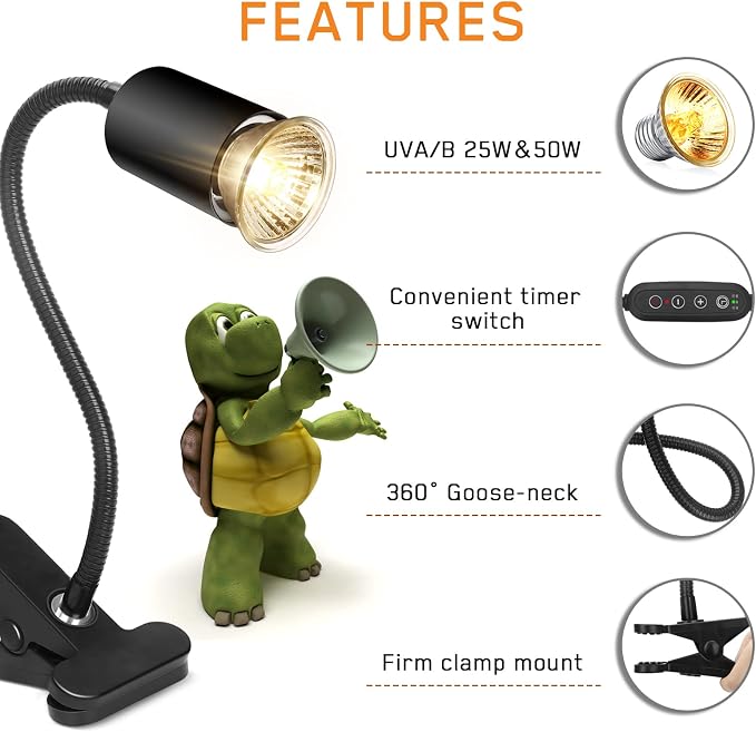 Timed Reptile Heat Lamp with Clamp, Adjustable UVA/UVB Basking Light, 360° Rotatable Clip and Power Adapter for Aquarium (Bulb Included)