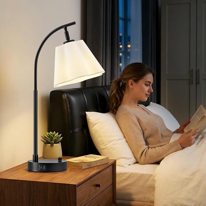 Table Lamps Set of 2, Stepless Dimmable Bedside Lamps with USB A&C Ports | Fabric Shade, Multi-Angle Rotatable Head, Lamps for Nightstand, Side Table, Dorm, Bedroom, Home Office, Elegant Home Decor