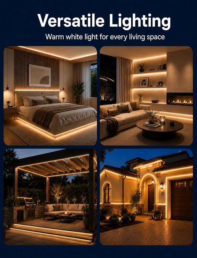 Dimmable Warm White LED Neon Rope Light 32.8FT Adapter Included | Flexible Cuttable IP65 Waterproof LED Rope Light for Bedroom, Kitchen, Patio, Indoor Outdoor Decor, DIY Design