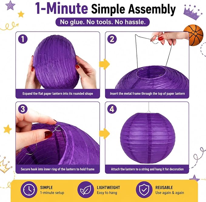 Purple Yellow Round Paper Lanterns Set of 12, 6/8/10 Inch Multi Colored Hanging Paper Lamp Decor for Basketball Party, Princess Gathering, Graduation, Birthday & Baby Shower Home Ornament