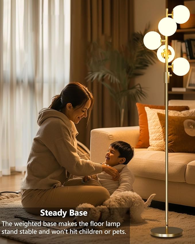 5 Light Modern Globe Floor Lamp Dimmable 64IN Tall Standing Lamps with 3000K Warm White Bulbs, Mid Century Gold Tree Floor Lamp for Living Room Bedroom Sofa Beside Home Decor