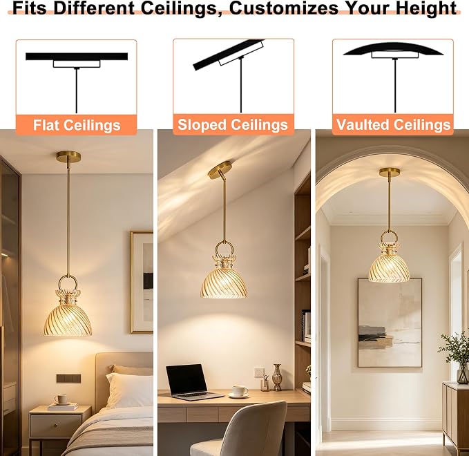 Gold Pendant Light Kitchen Island 9.84'' Striped Amber Glass Shade | Modern Pendant Lighting Over Sink, Adjustable Hanging Ceiling Light, E26 Dimmable Hardwired for Dining Room Hallway, 1-Pack