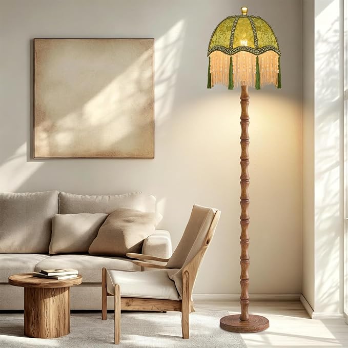 ZECOXOL Wood Floor Lamps for Living Room Boho Rustic Floor Lamp with Remote Control,Dimmable Vintage Floor Lamp Green Mid Century Modern Standing Lamp Pole Tall Fringe Floor Lamp for Bedroom Corner