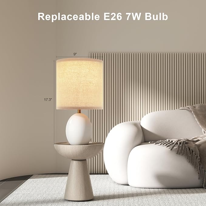17.3" Table Lamp Set of 2 for Living Room Bedroom, Bedside Lamps for Night Stands, Desk Nightstand Lamp Dimmable, Modern Linen Cream Ceramic Lamps (White-B)