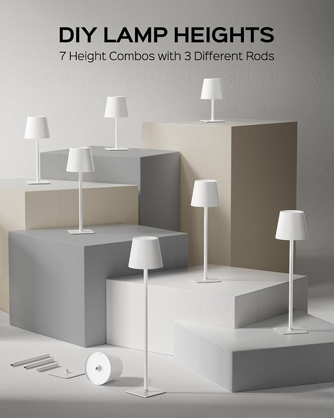 JACKYLED Cordless Lamp DIY Height, 3 Color Stepless Dimming, 5000Capactiy Opwer Operated Lamp Portable Rechargeable for Bedroom Dinning Kitchen, White, 2 Pack