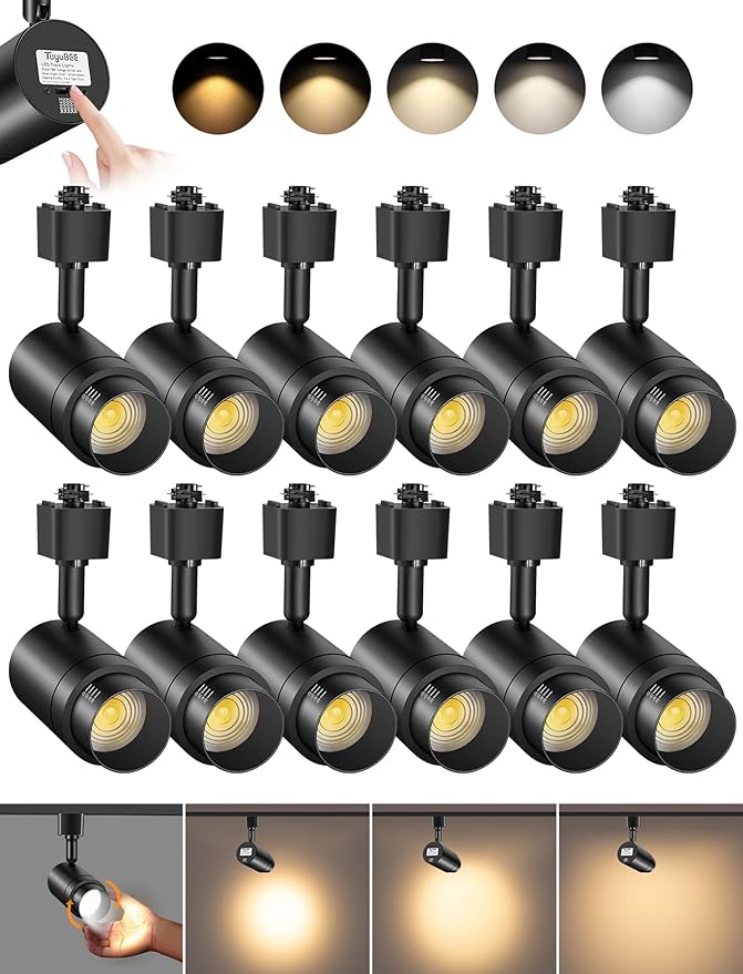 5-Color Zoomable H Track Lighting Heads H Type Track Light Heads Dimmable LED Track Lighting Fixtures Ceiling Spot Light, H Style Track Heads for H Track Lighting Rails Black CRI90 12W 12 Pack