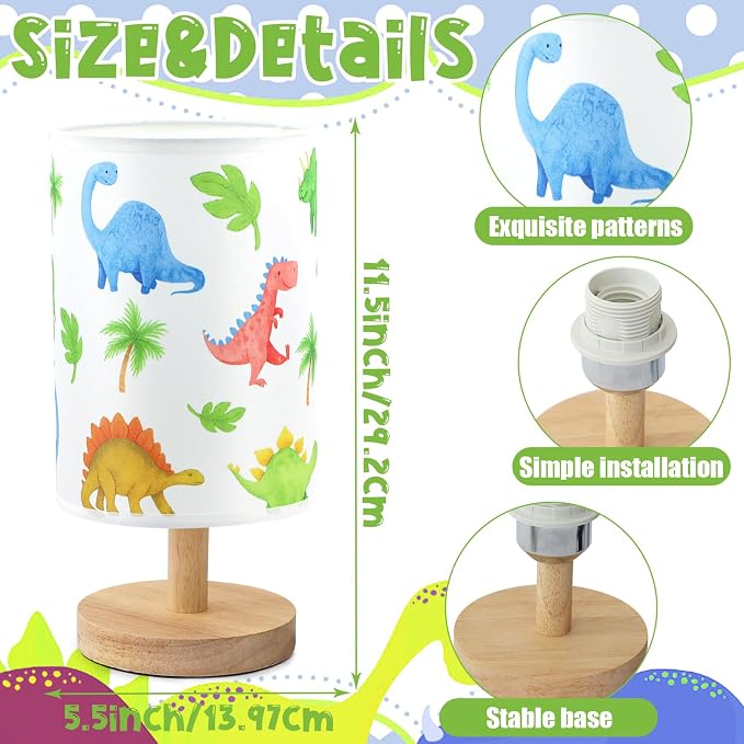 Dinosaur Table Lamp for Kids Bedroom - Cartoon Dinosaur Bedside Lamp with Linen Lampshade Wooden Stand Night Light for Boys Bedroom Living Room Nursery Room Decor Dino Gifts for Boys