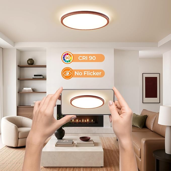 15.4 Inch LED Flush Mount Ceiling Light, 3000K-5000K 3 Color Selectable Ceiling Lights, 36W 3600LM Closet Light Fixture, Ceiling Lamp for Bedroom, Dining Room, Kitchen- Walnut