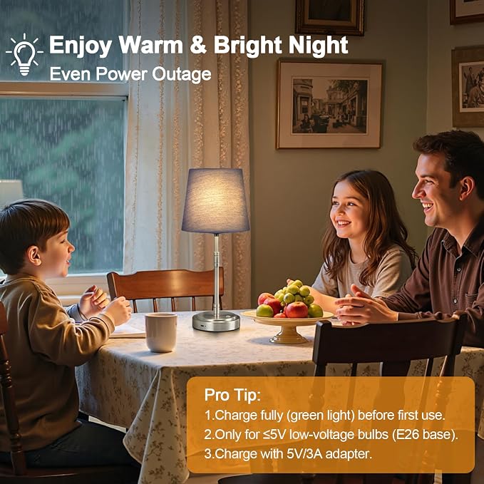 Cordless Table Lamps Set of 2 – Battery Operated Lamp with 7500mAh Rechargeable Battery, Stepless Dimmable Brushed Nickel Lamps with Blue Shade, Wireless Lamps for Dining Room (Bulbs Included)