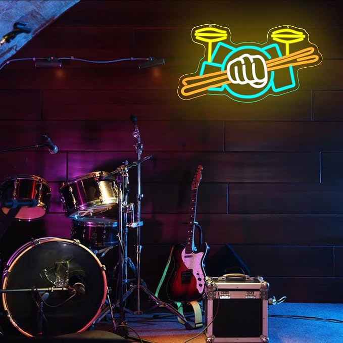 Drum Set Neon Sign for Wall Decor Music Led Sign Musical Instrument Neon Light Drummer Led Light Drum Neon Light Sign for Music Studio Wall Art Musical Show Wall Decor
