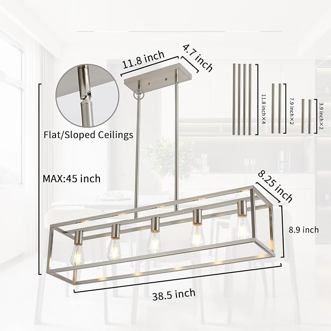 Dining Room Light Fixture, Modern Linear Hanging Light Fixture Matte Brushed Nickel 5-Light Industrial Pendant Lighting for Kitchen Island