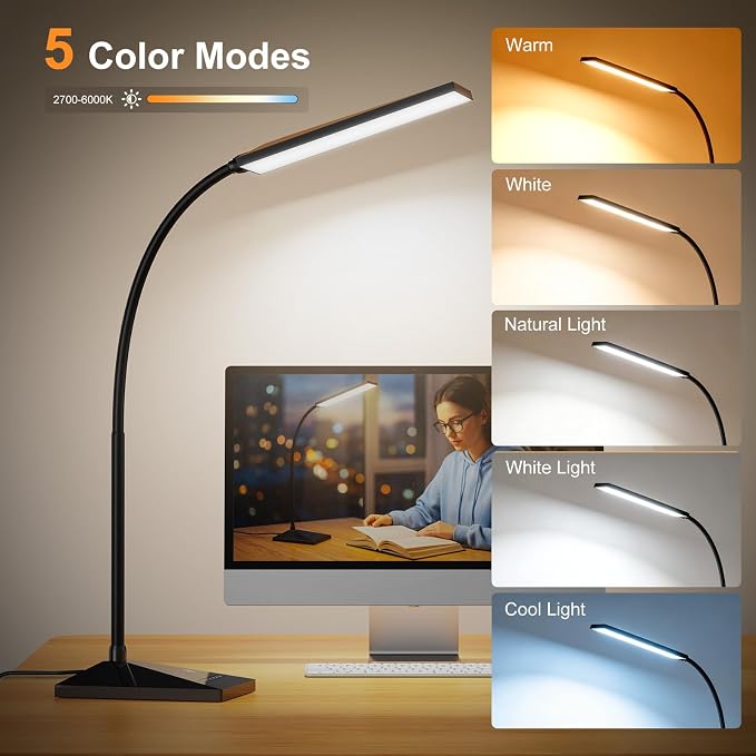 LED Desk Lamp, Eye-Caring Desk Light | 7W 390LM ,5 Color Modes & Stepless Dimming, 360° Flexible Gooseneck Touch Control Table Lamp for Bedroom Bedside Study Black