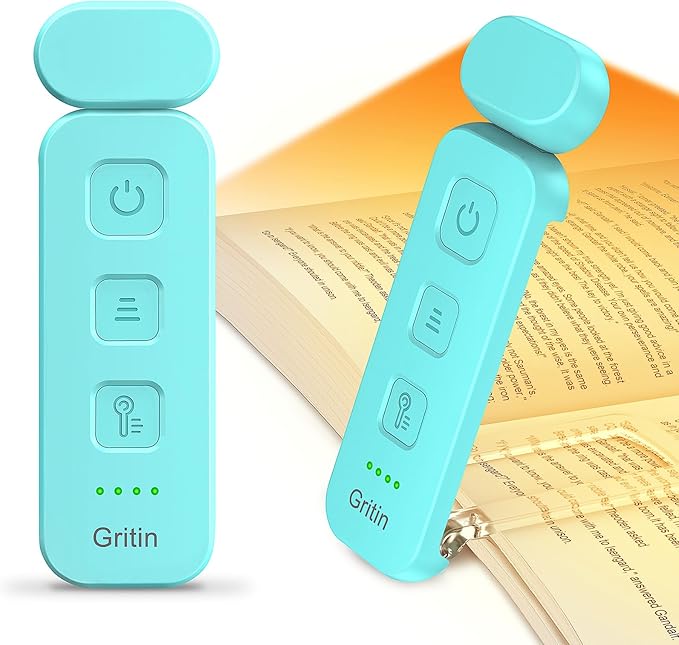 Gritin Reading Light, Rechargeable Book Light for Reading in Bed | Eye Caring 3 Color Temperatures, 5-Level Dimmable Brightness, Long Lasting, Compact Size Clip on Book Lamp for Bookworms-Blue
