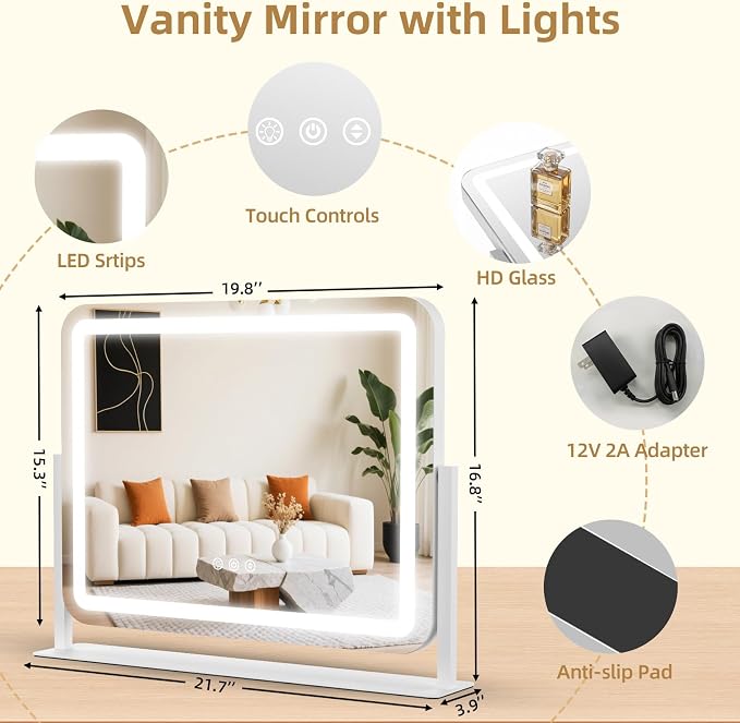 Vanity Mirror with Lights 22"x17", Lighted Makeup Mirror with 10X Magnification 4.5", 3 Color Dimmble Lights, Touch Control, 360° Rotation, Metal Frame, Women's Gift, For Bedroom/Dressing Room, White