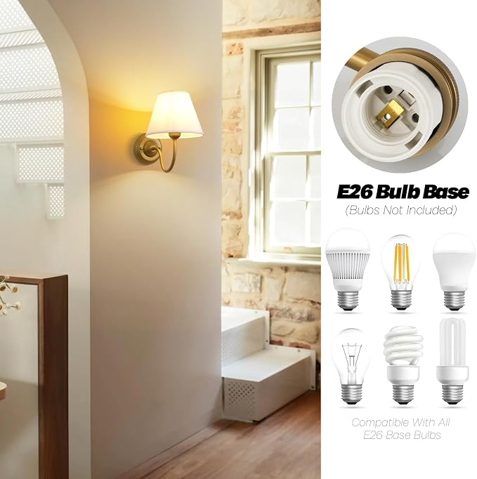 Vintage Curved Arm Fabric Wall Sconce with Linen Cloth Shade, Hardwired Indoor Single Sconce Light Wall Mounted Lamp for Bedroom Living Room Stairs Hallway