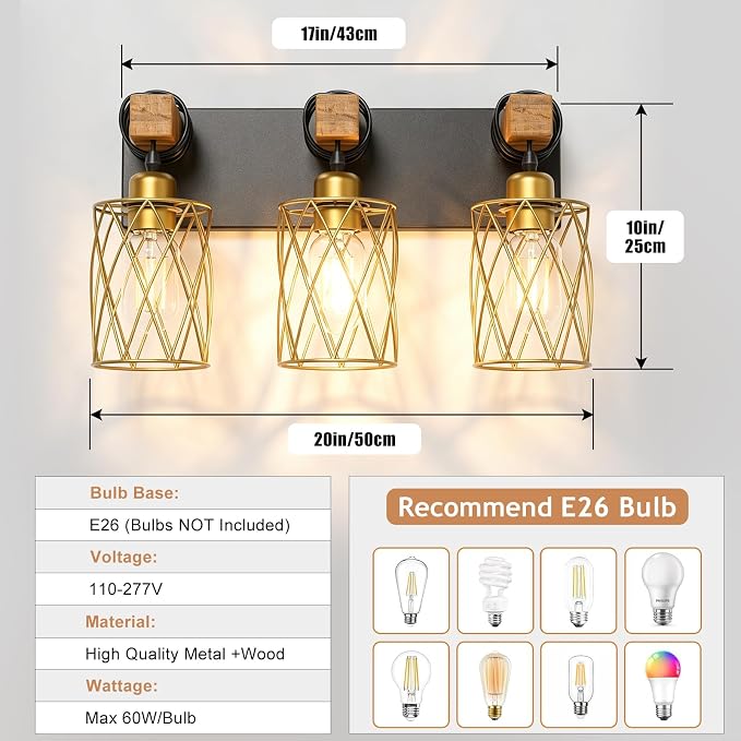 IZORRO Farmhouse Bathroom Vanity Light, 3-Light Wood Bathroom Light Fixtures Over Mirror, Black and Gold Industrial Vanity Lights with Metal Shade, Rustic Restroom Lighting Fixtures