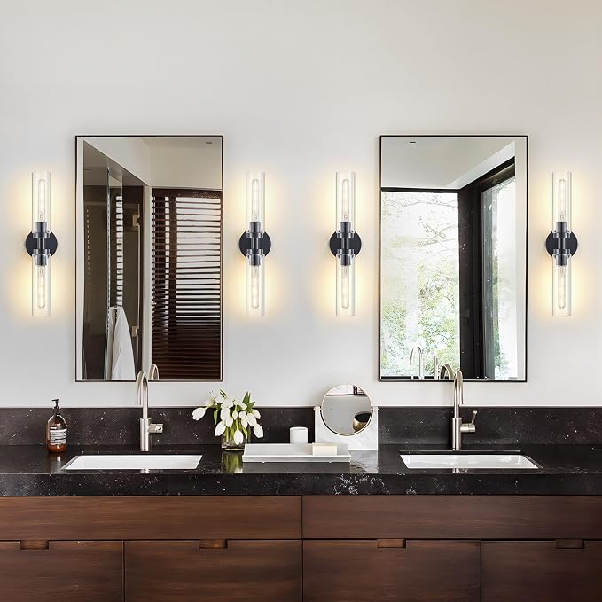 Lanhall 2 Light Bathroom Wall Sconce Set of 2,Modern Farmhouse Black Bathroom Light Fixture Over Mirror with Clear Glass Shade,Bathroom Vanity Light for Hallway Cabinet Bedroom Stairway Porch