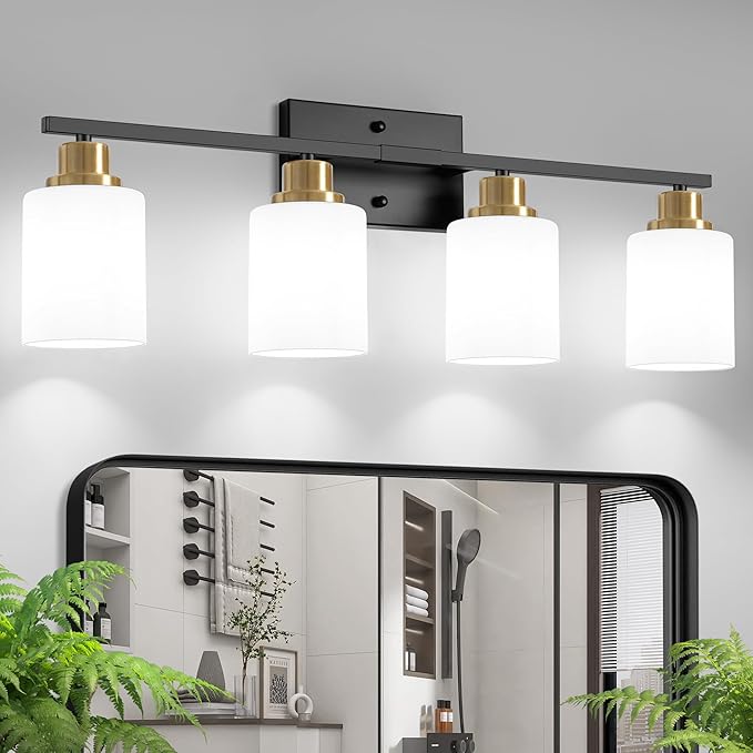 Ascher Bathroom Light Fixtures, 4-Light Vanity Light Over Mirror, Black and Gold Wall Sconces with Milky White Frosted Glass Shades, Wall Lamp for Living Room Bedroom, E26 Base(Bulbs Not Included)