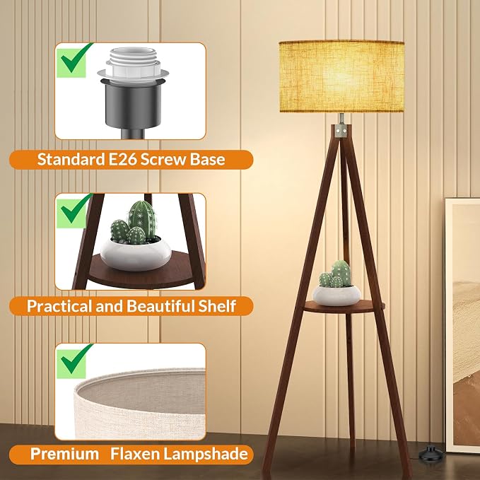 LEPOWER Shelf Floor Lamp Tripod Mid Century Modern Lamps for Living Room | Light-Diffusing Linen Shade, Premium Rubberwood, E26 Base, Foot Switch, Adding Warmth to Bedroom, Office & Corner Walnut