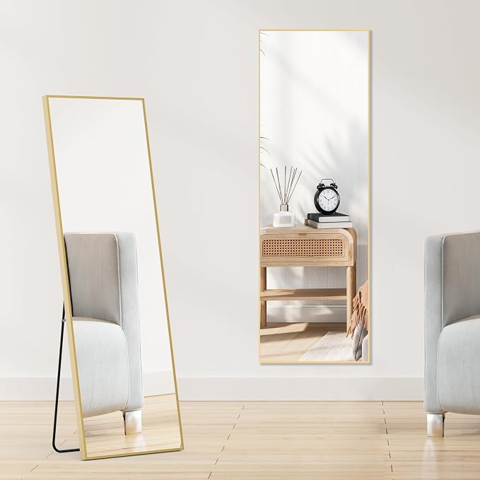 DUMOS Gold Full Length Mirror 59"x16.5" Full Body Floor Mirror for Bedroom or Cloakroom, Can Stand Alone, Hang or Lean Against Wall, Tall Wall Mirrors with Stand and Sleek Aluminum Alloy Thin Frame