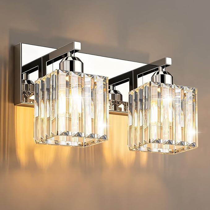 Brushed Chrome Crystal Bathroom Vanity Light, 2-Light Modern Bathroom Lighting Fixtures Over Mirror,Chrome Wall Sconce Light Fixtures with Square Shade