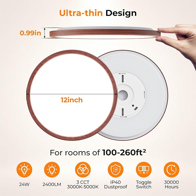 LED Flush Mount Ceiling Light, 12 Inch 24W 3000K/4000K/5000K Hardwire Light Fixture, Ultra Thin Round White Lamp for Kitchen Porch Bedroom Hallway Stairwell Basement- Walnut