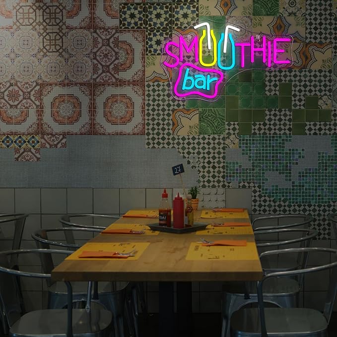 Looklight Smoothie Bar Neon Sign,Words Neon Signs for Wall Decor,Pink Letter LED Neon Light Bar Sign, Light Up Signs for Store Beverage Cool Smoothie Bar Shop