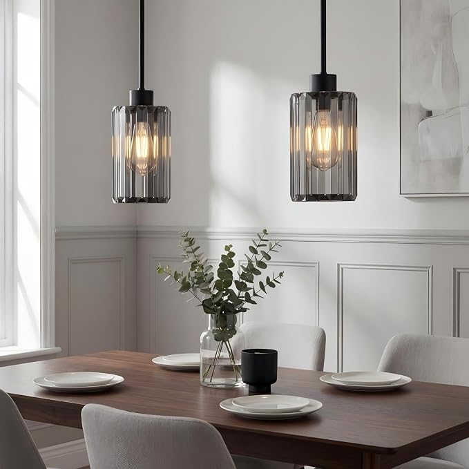 Modern Clear Fluted Glass Pendant Light 1 Pack - Thick Ribbed Glass with Soft Glow, Adjustable E26 Hanging Lamp for Kitchen Island & Dining Room