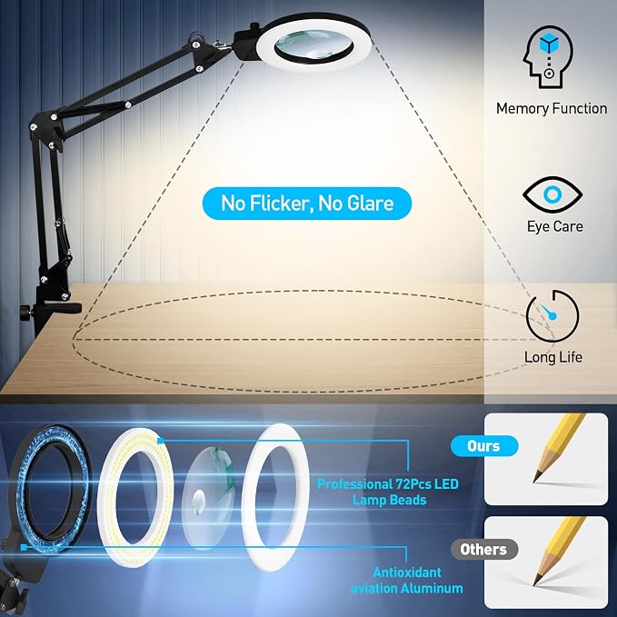 KIRKAS 12X 30X Magnifying Glass with Light and Stand, Overhead Knob 2 in 1 | Lighted Magnifier Lamp for Workbench, Craft, Sewing, Repair, Real Glass Lens Stepless Dimming and Color (9.06IN Base & Clamp)