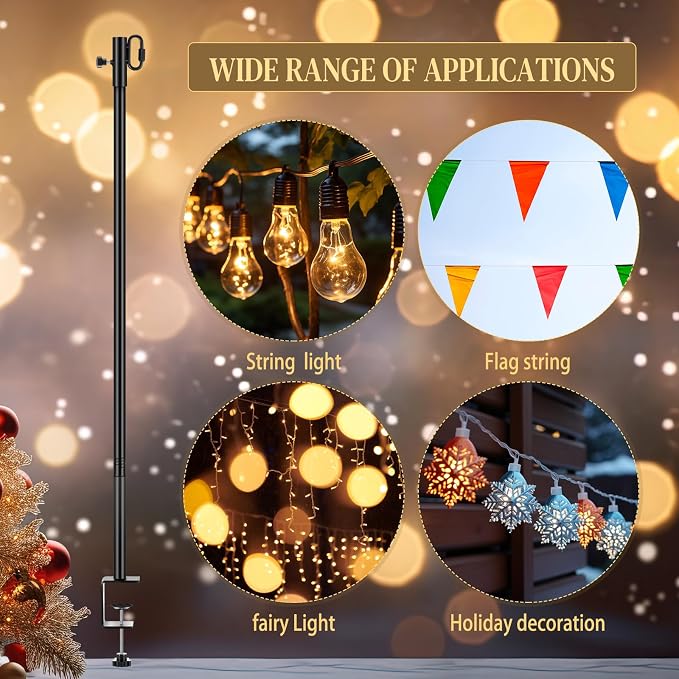 4 Pack Deck String Light Poles with Adjustable 3" Clamp, Outdoor Light Poles for String Lights Christmas Garden Backyard Deck Fence Railing Hanging Bird Feeders, Lanterns, Wind Chimes (63 Inch)