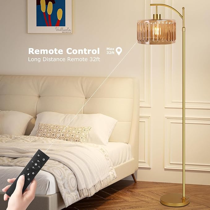 ILLMTW Glass Floor Lamp for Living Room,Bedroom,Gold Mid Century Modern Standing Lamp with Remote,Dimmable Brass Tall Lamp Amber Flower Lamp Vintage Floor Lamps Arc Floor Light Boho Bohemian