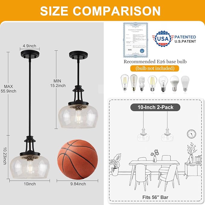 Modern Pendant Lights Kitchen Island, Matte Black Pendant Light Fixtures with 10" Clear Air Bubble Glass Shade, Industrial Hanging Pendant Lights Fixture for Kitchen Island Dining Room Entryway