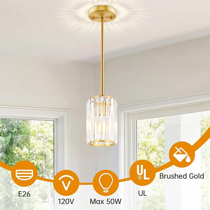 Gold Pendant Light, Modern Crystal Pendant Lights Kitchen Island, Kitchen Island Lighting with Adjustable Height, UL Certified Island Lights for Kitchen Dining Room Bedroom Hallway 2 Pack