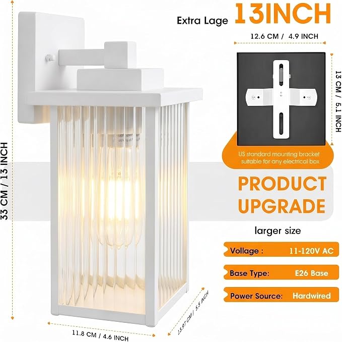 2-Pack 13" White Outdoor Wall Light, All-Metal Frame Porch Light | Textured Glass Softens Glare, Stays Bright. Anti-Yellowing White Metal. Pre-Assembled DIY Install. For Porch, Garage & Entry
